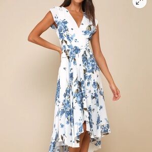 Lulu's Elegant White and Blue Floral High Low Dress